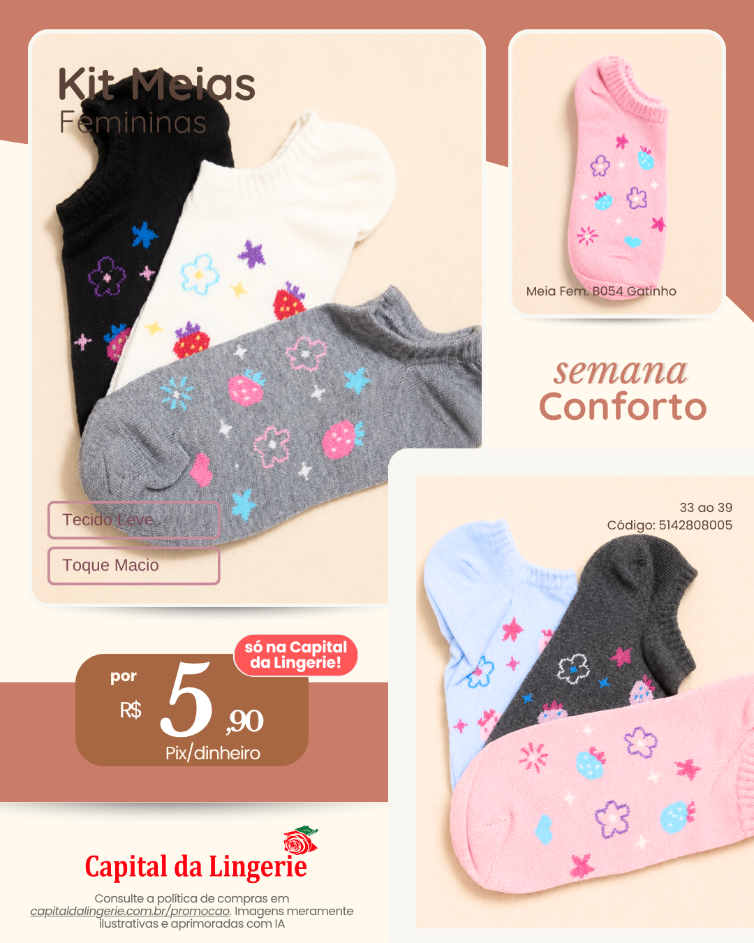 Kit Meias Femininas por R$ 5,90 na Semana do Conforto