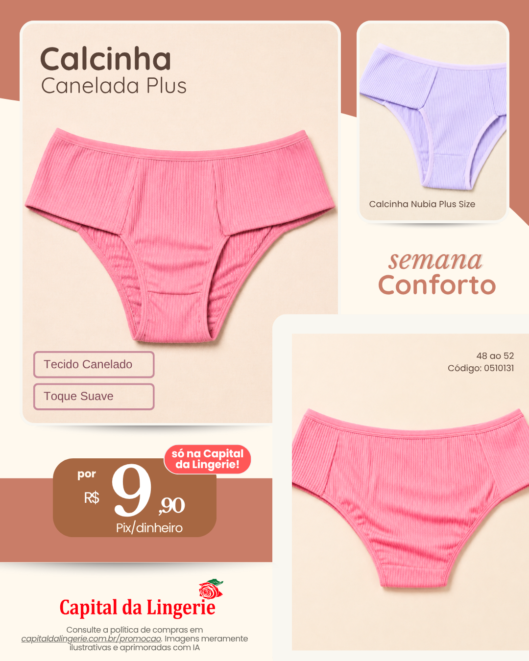 Calcinha Canelada Plus por R$ 9,90 na Semana do Conforto