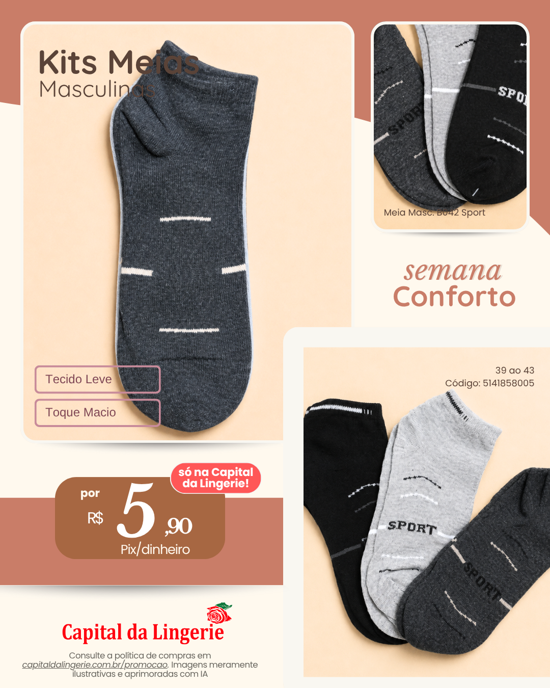 Kit Meias Masculinas por R$ 5,90 na Semana do Conforto