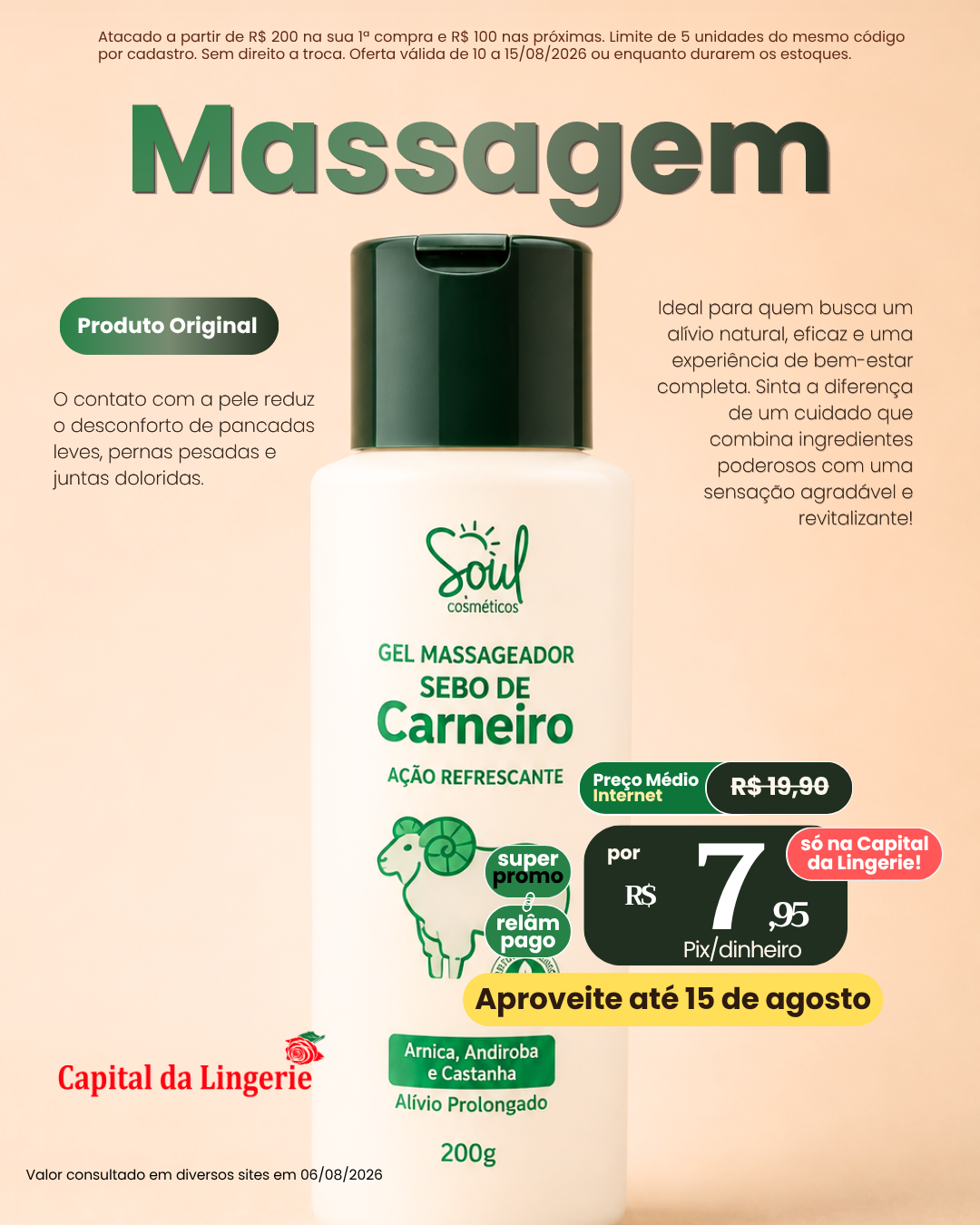 Gel Massageador Sebo de Carneiro Soul por R$ 7,95
