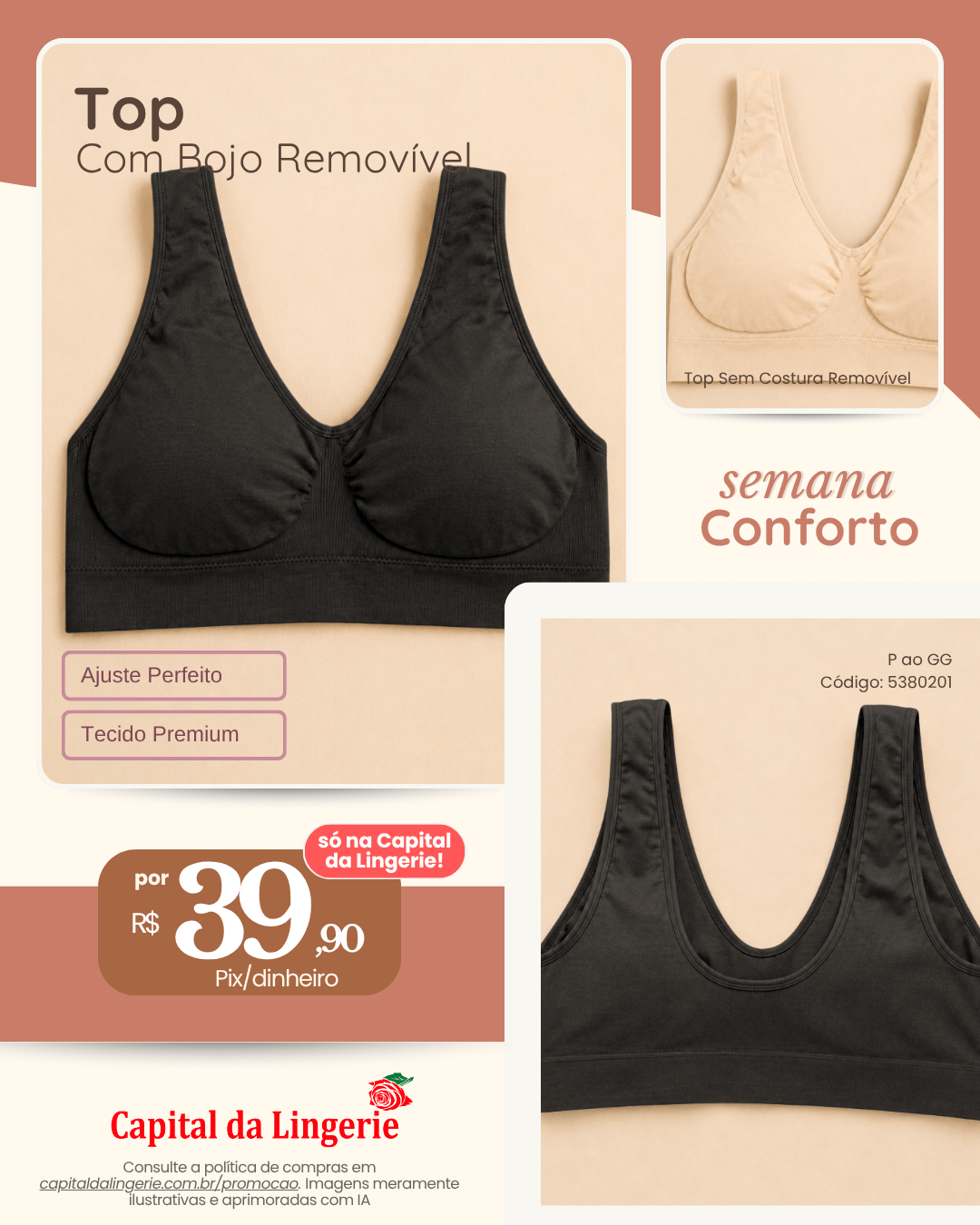 Top com Bojo Removível por R$ 39,90 na Semana do Conforto