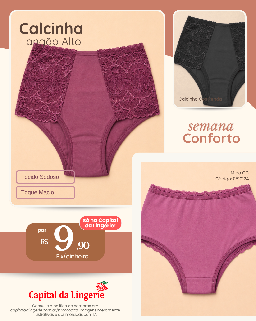 Calcinha Tangão Alto em renda por R$ 9,90 na Semana do Conforto