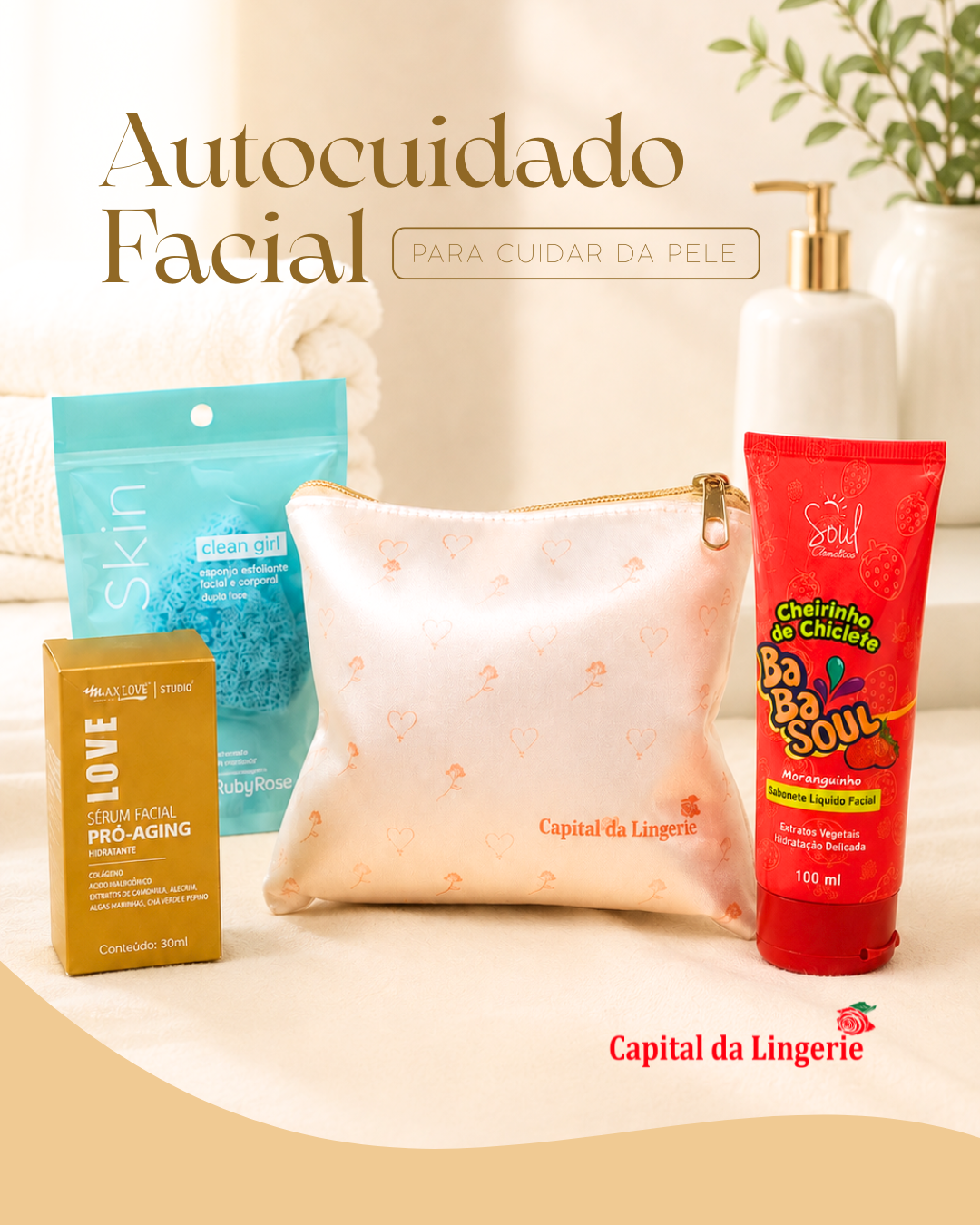 Nécessarie Autocuidado Facial com sérum, esponja e sabonete facial