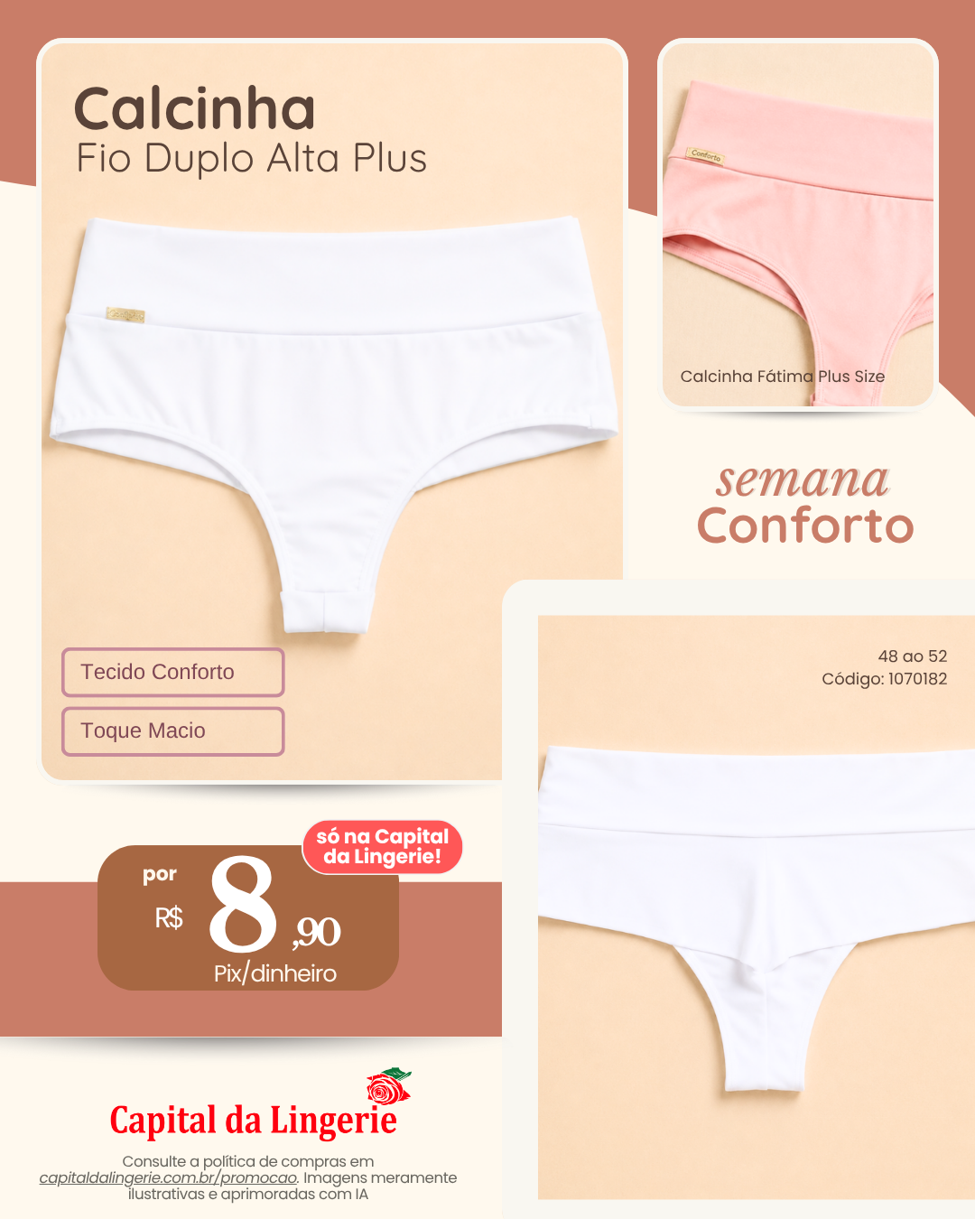 Calcinha Fio Duplo Alta Plus por R$ 8,90 na Semana do Conforto