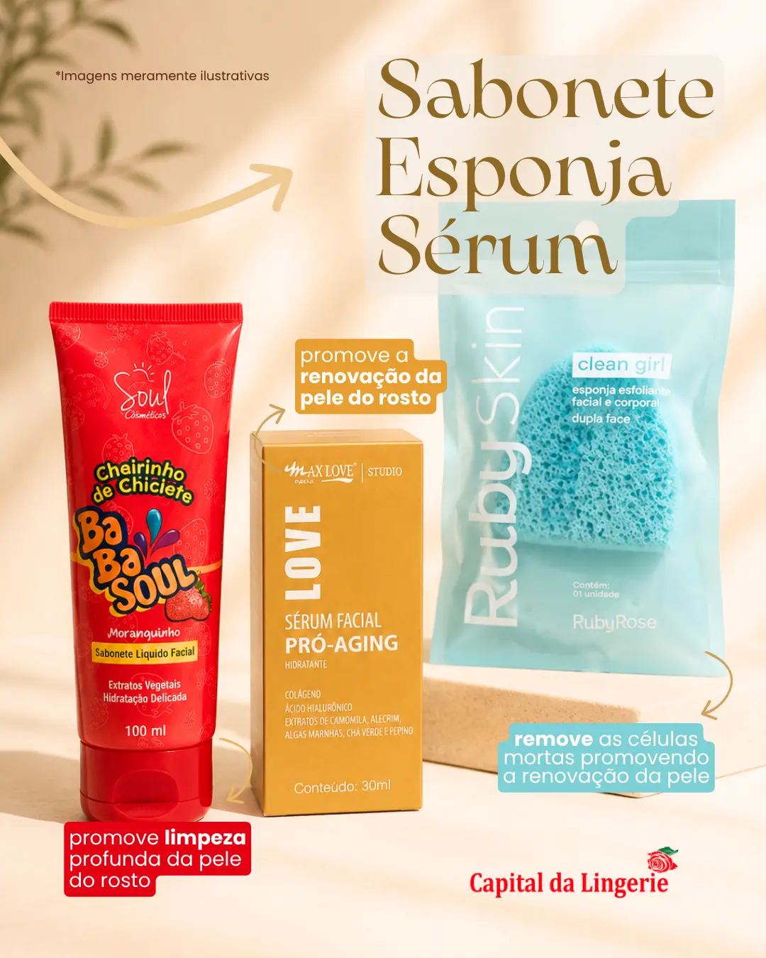 Benefícios do kit facial: sabonete, esponja e sérum