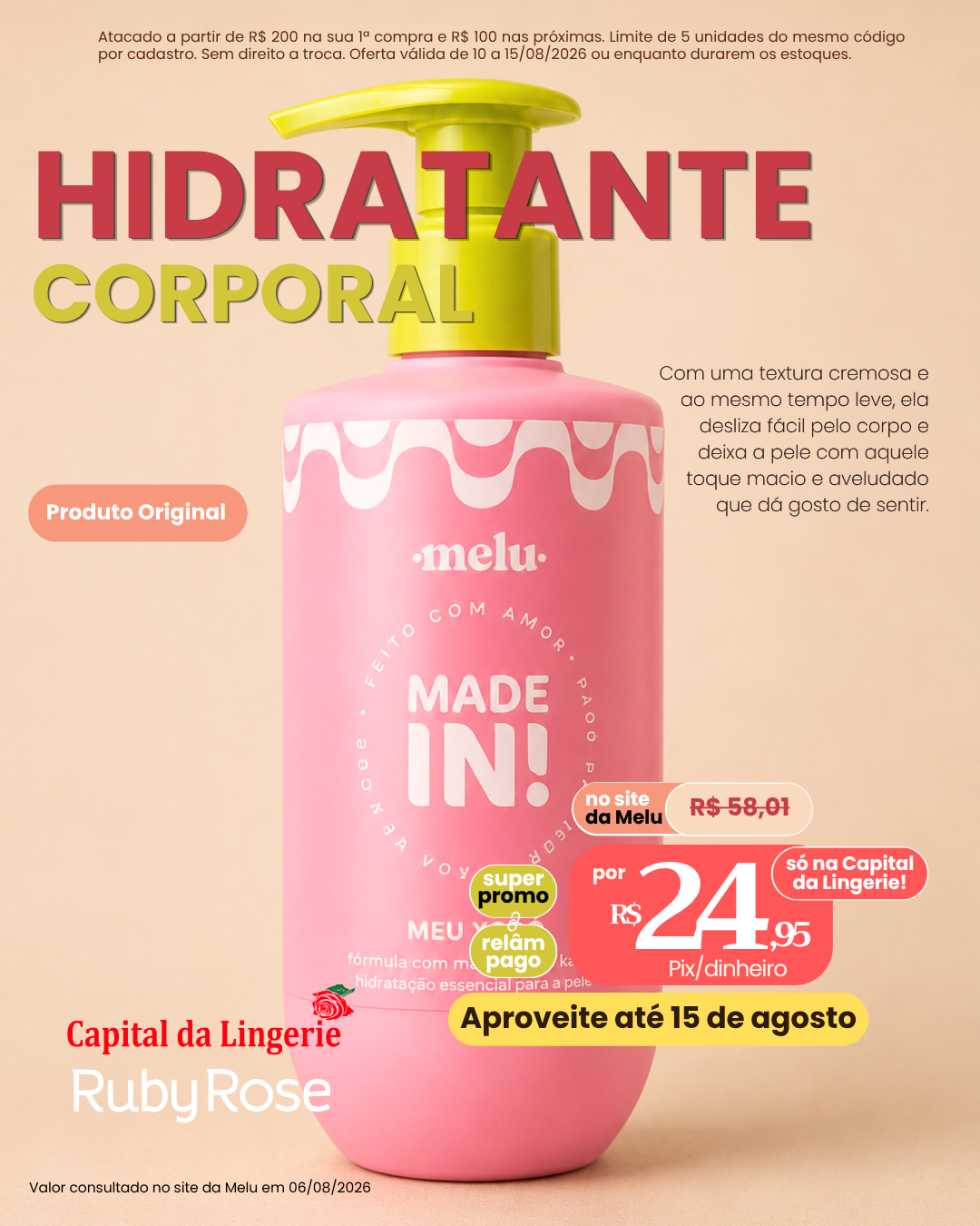 Hidratante Corporal Melu Ruby Rose por R$ 24,95